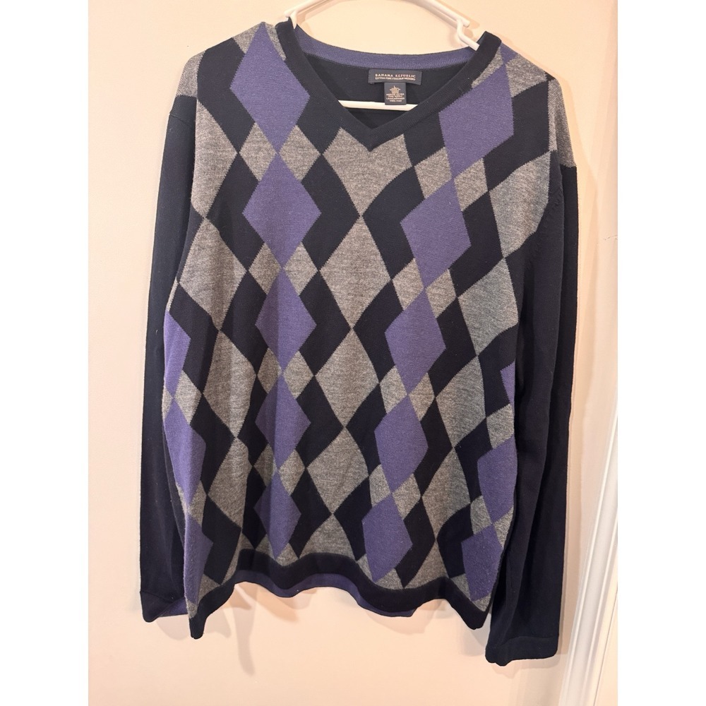 Banana Republic Extra Fine Italian Merino Wool Sweater Mens L V Neck Argyle